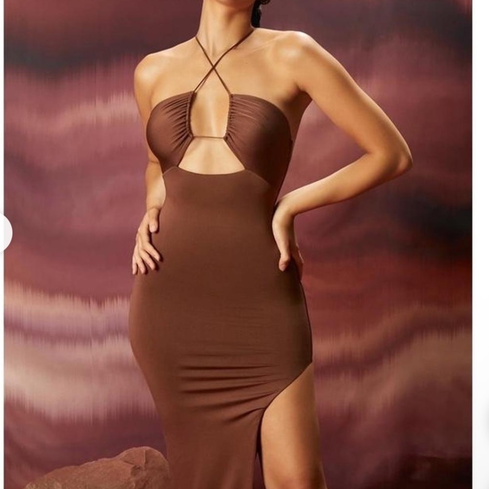 Oh Polly Brown Halter Bodycon Dress